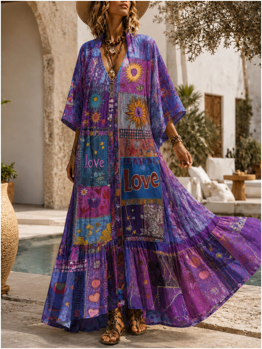 Retro Style Art Printed Vintage Camisole Dress Long Sleeve Two-Piece Maxi Dress